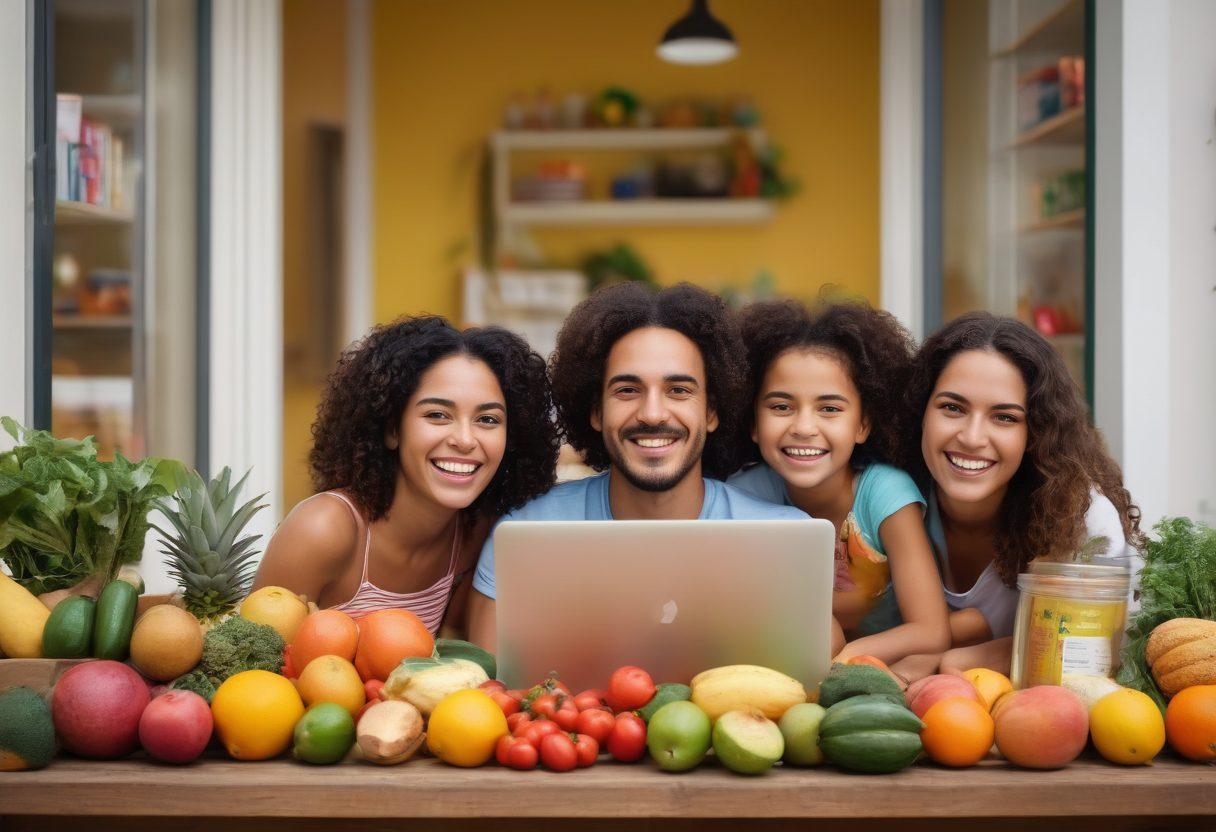 A vibrant marketplace scene showcasing the ease of online grocery shopping in GBarbosa, Brazil. Include a diverse Brazilian family happily receiving groceries at their doorstep, a laptop displaying the GBarbosa website, and colorful Brazilian fruits and vegetables in the background. Depict a digital vibe with a cheerful atmosphere. super-realistic. vibrant colors.