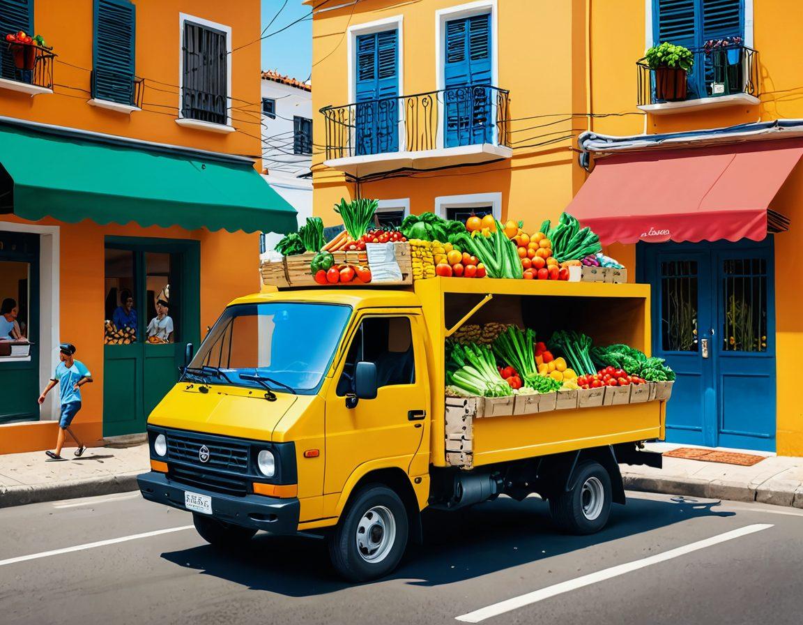 A colorful and vibrant illustration of a GBarbosa delivery truck packed with fresh fruits, vegetables, and daily essentials, driving through a lively Brazilian neighborhood. Highlight the joy and convenience of online shopping with happy people receiving their groceries at home. Vibrant colors, vector art.