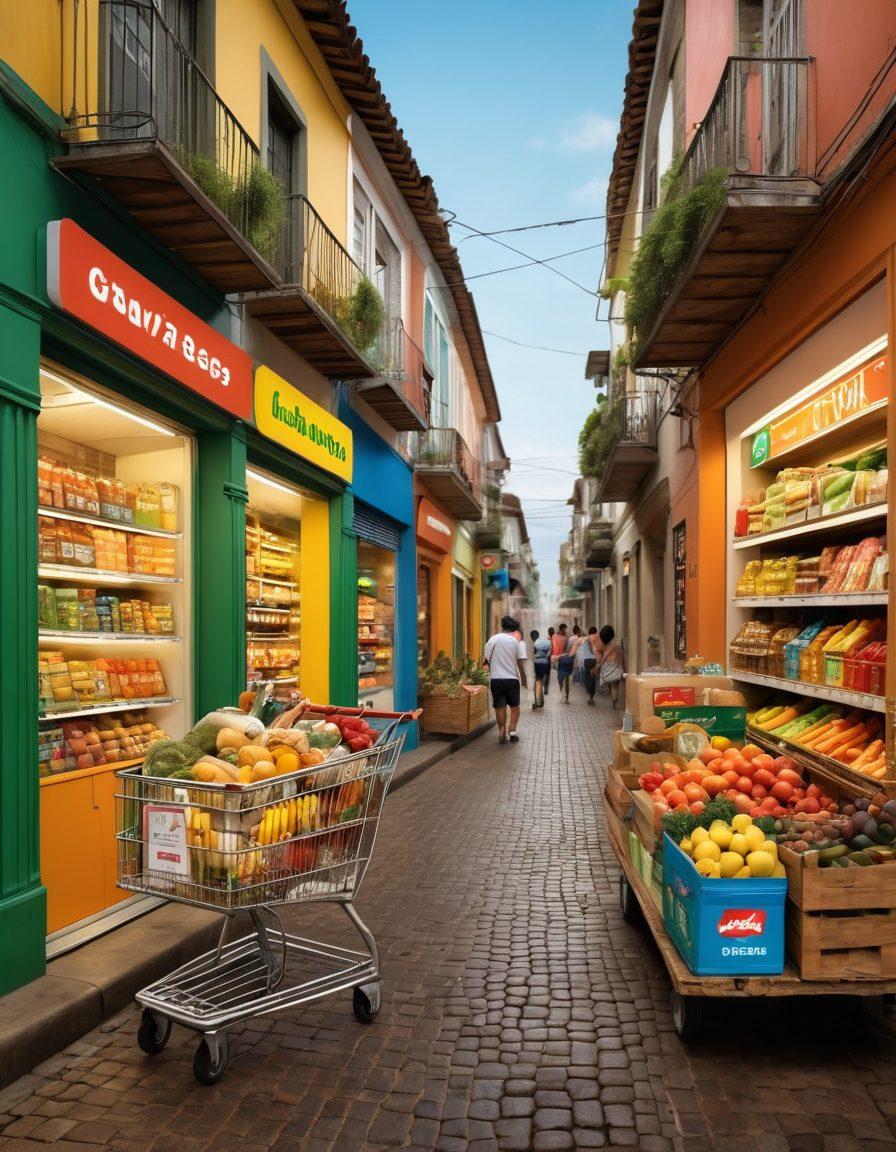 A busy Brazilian street transitioning seamlessly into a vibrant online grocery interface, representing the fusion of traditional market aisles with digital clicks. Including elements of GBarbosa's branding, a shopping cart turning into digital icons, and happy customers across all ages with groceries. super-realistic. vibrant colors. modern design.